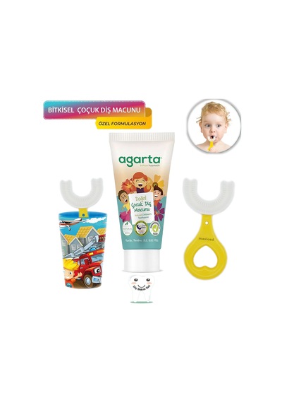 Mas Lord U Tipi Yeni Nesil Diş Fırçası Seti - Mavi Fırçalık + Sarı Kalp 2-6 Yaş +Agarta Çocuk Diş Macunu