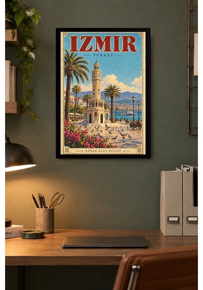 Palmiye Ve Kuleli Kıyı İllüstrasyonu Desenli Dekoratif Mdf Tablo, Çerçeve Görünümlü Ahşap Poster