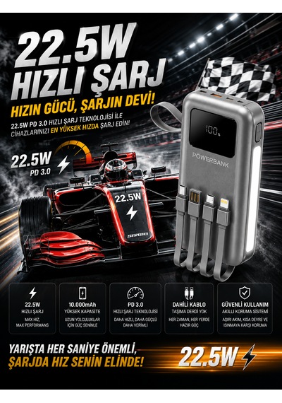 10000mah 22.5w Hızlı Şarjlı Powerbank Usb Micro Type-c Girişli Led Işıklı Kendinden Kablolu Antrasit