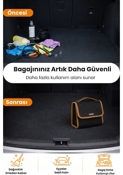 Oto Bagaj Organizer Bagaj Çantası S Boy Kaymaz Cırt Bantlı Velur Kompakt - Siyah Kahverengi