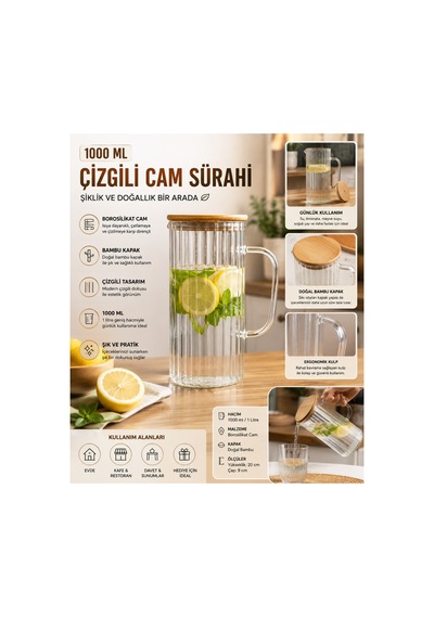 1000 Ml Bambu Kapaklı Çizgili Cam Sürahi 1 Litre Borosilikat Cam Su, Limonata Ve İçecek Sürahisi