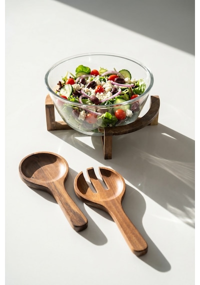 Bosco Akasya Salata Servis Kasesi & Çatal Kaşık - 2700 Ml Şeffaf