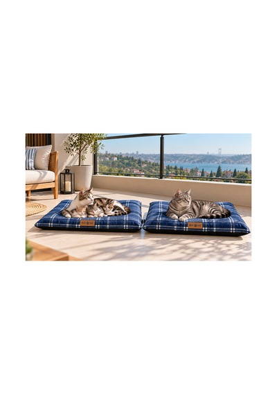 Kedi Ve Köpek Yer Minderi Üst Kalite Yıkanabilir Kılıflı Fermuarlı Boncuk Elyaf Kaydırmaz Taban Kedi Ve Köpek Yatağı Mavi Ekose 1717174064