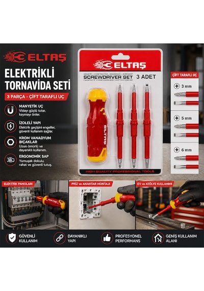3pcs - Çift Taraflı Uç 3mm-5mm-6mm Ergonomik Sap Elektrikli Tornavida Seti Lrd-144 5332