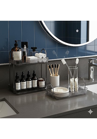 Banyo Düzenleyici Organizer Banyo Rafı Duman Gri, Tek + İki Katlı Set Açık Ahşap