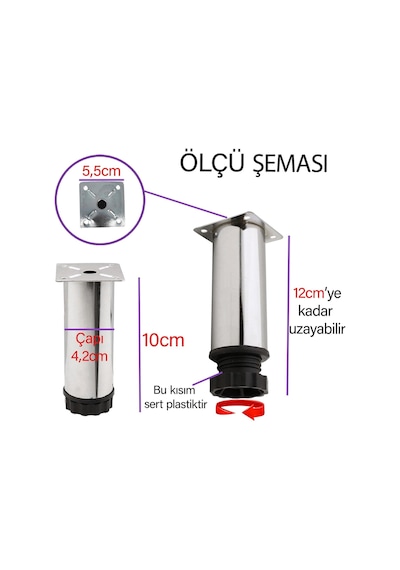 4 Adet Metal Ayarlanabilir 10 Cm Krom Destek Ayağı Mobilya Kanepe Baza Koltuk Dolap Sehpa Tv Ünitesi Ayağı