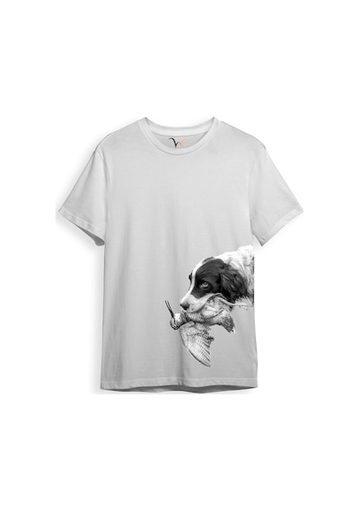 Hunter Avcılık Baskılı Av Köpeği Ağzında Çulluk Yan Detay Bakılı %100 Pamuk Regular Fit T-shirt Beyaz
