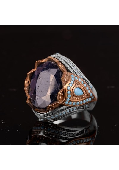 Gerçek Doğal Safir Taşlı Yüzük, 925 Ayar Gümüş Erkek Yüzüğü Gümüş