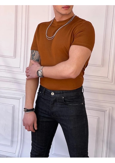 Modefendi Slim Fit Pamuk Triko Kumaş Tshırt Tarçın