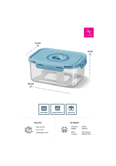 Primanova Seoul Taze Ürün Saklama Kabı 1300 Ml - 20 X 14 X 9 Cm Mavi