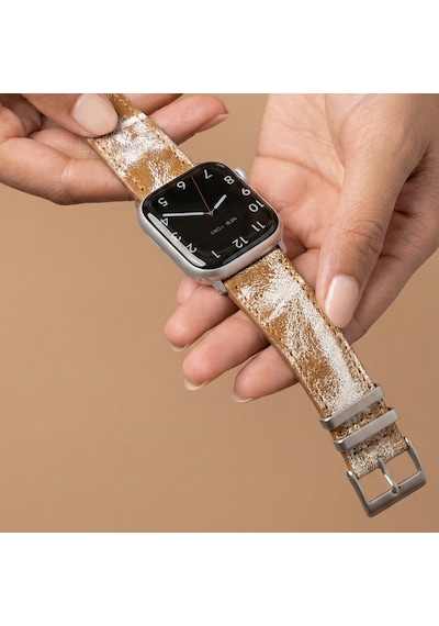 Goldoni Apple Watch Uyumlu Antik Bej İnce Gerçek Deri Kordonu Metal Köprülü