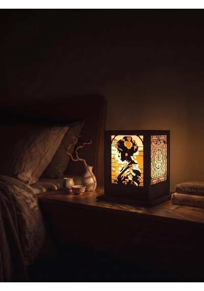 Serie Lumina Shoji Masa Ve Gece Lambası - Geyşa Figürlü Çiçekli Kamon Duvar Japon Feneri Sıcak Led Ambiyans Işığı