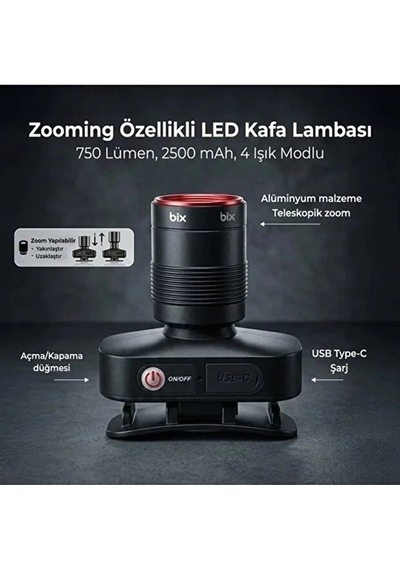 Bxt1fl 10w Şarj Edilebilir Kafa Feneri 750 Lümen 2500mah 4 Işık Modlu Zoom Özellikli Led Kafa