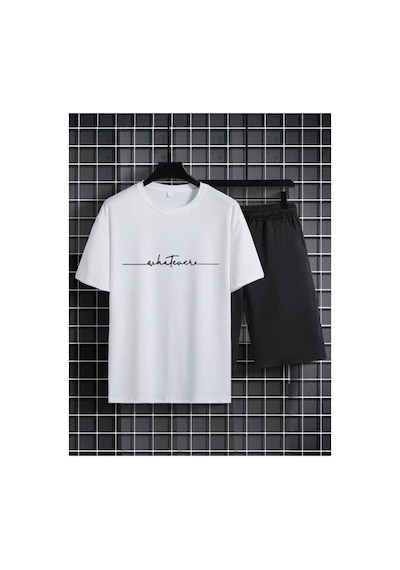 Medinenur El Yazı Detaylı Baskılı T-shirt Short Bol Paça Rahat Kalıp Siyah Alt Siyah Üst Short Takım Beyaz