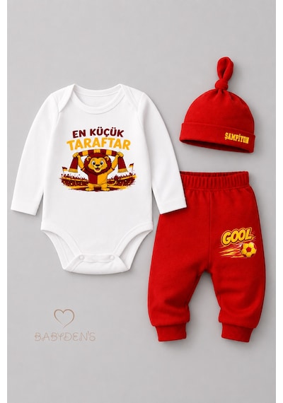 Babyden's %100 Pamuk Sarı Kırmızı En Küçük Taraftar 3'lü Yenidoğan Bebek Takımı Uzun Kollu Body Pantolon Şapka Seti