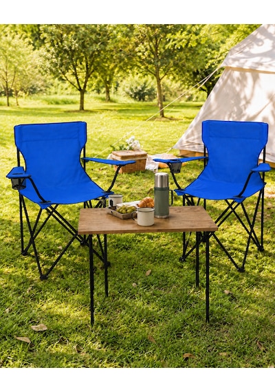 2 Sandalyeli Katlanır Kamp Masa Sandalye Seti 60x45 Cm 3 Parça Mavi