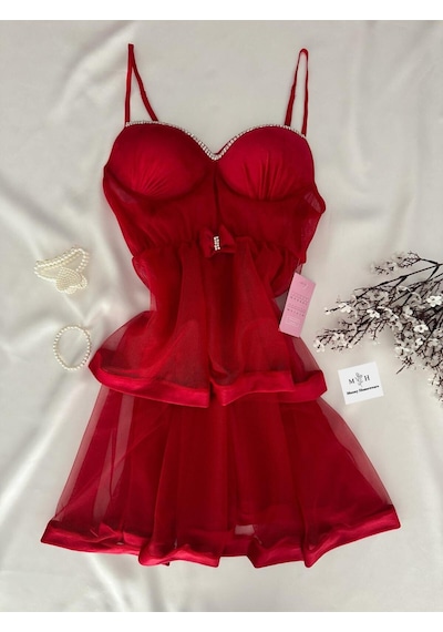 Mh Moony Homewears Kutulu Kıpkırmızı Kadife Lüks Taş Detay Gecelik Kırmızı