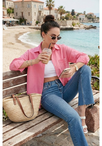 Lela Regular Fit Güpürlü Cep Detaylı Uzun Kollu Bayan Gömlek 6773215 Şeker Pembe