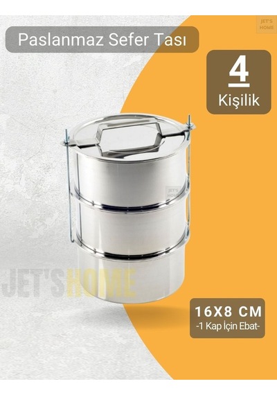 3 Lü Sefer Tası 16x8 Cm Yemek Taşıma Kabı Paslanmaz Çelik No:3 Kapasite 4 Kişilik Metalik Gri