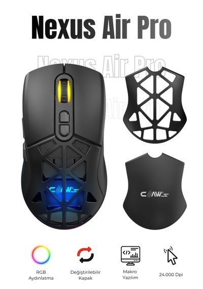 Nexus Air Pro Kablosuz 24.000 Dpi Pixart Pmw3311 Sensör Makro Yazılımlı & Değiştirilebilir Kapaklı Rgb Kablosuz Gaming Mouse - Siyah 2.4 Ghz Kablosuz + Bt5.1 + Type-c İle Kullanım Desteği Nexus Air Pro Kablosuz 24.000 Dpi Pixart Pmw3311 Sensör Makro Yazılımlı & Değiştirilebilir Kapaklı Rgb Kablosuz Gaming Mouse - Siyah 2.4 Ghz Kablosuz + Bt5.1 + Type-c İle Kullanım Desteği