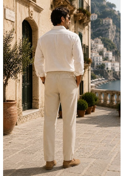 Danger Erkek Pamuk Viskon Kumaş Keten Görünümlü Bej Slim Fit Pantolon - 216dngr
