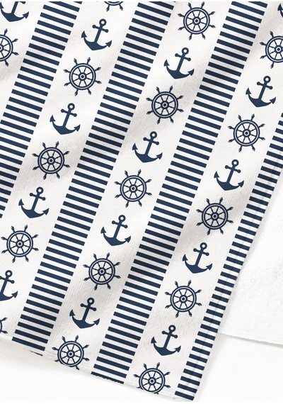Çapa Dümen Marine Plaj Havlu Örtüsu - Lacivert Beyaz Çizgili Nautical Kum Tutmayan Havlu Örtü Gölgeli Gölgesi