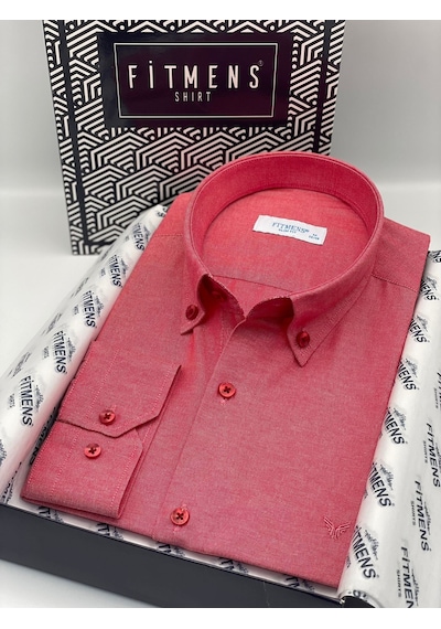 Slim Fit Uzun Kol Pamuklu Hediye Kutulu Kolay Ütülenebilir Erkek Gömlek Fs-002225 - Kırmızı-2667