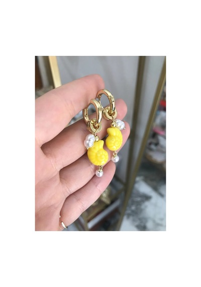 Deniz Kabuğu Ve İncili Küpe Sarı