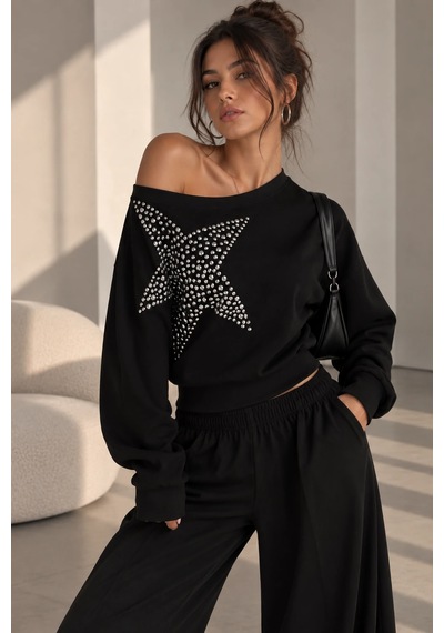 Bb Butik Basic Taşlı Yıldız Detaylı Kayık Yaka Salaş Kadın Bluz Frw34 siyah