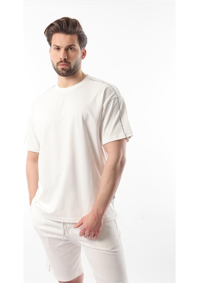 Madmext Ekru Overfit Baskılı Erkek Şort T-shirt Takım E7302 Ekru