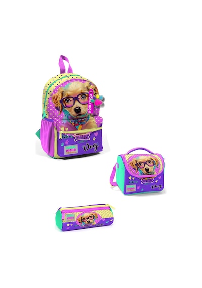 Minik Yuva Sırt Çantası Sarı Pembe Sevimli Köpek Desenli İki Bölmeli 3'lü Set 3set23552