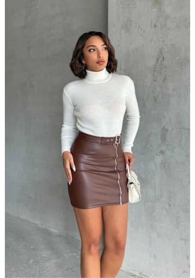 Verymoda Fermuarlı Deri Etek F0125 Kahve