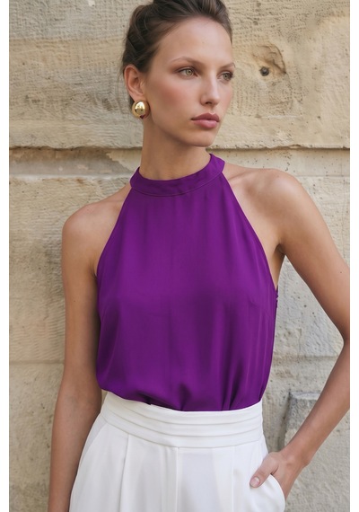 Sateen Halter Yaka Bluz - Mor-137732