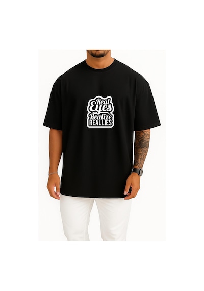 Bahriyeli Collection Oversize Gerçek Gözler Gerçek Yalanları Fark Eder Göğüs Baskılı Unisex T-shirt Siyah