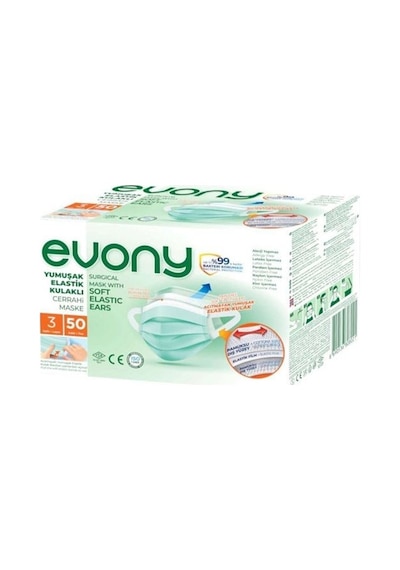 Evony Yumuşak Elastik Kulaklı Cerrahi Maske 3 Katlı 50 Adet