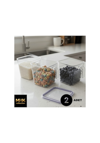 2 Adet Kristal Kulplu Kare Erzak Ve Gıda Saklama Kabı 1.6 Lt Şeffaf
