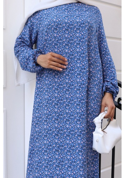 Nevayla Moda Çiçek Desenli Viskon Elbise - Mavi / E0128 Mavi