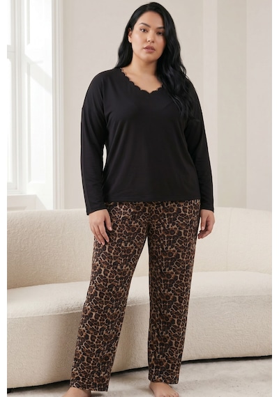 Siyah İnci Pamuklu Likralı Büyük Beden Battal Boy Örme Pijama Takım 26240923 Siyah