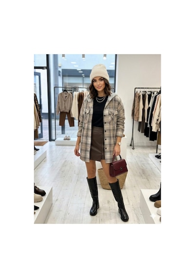 Polologin Butik Kadın Kapşonlu Araboy Cepli Oduncu Tunik Gömlek Krem