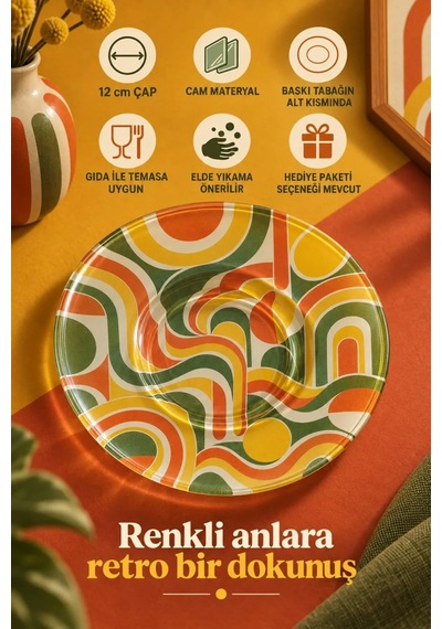 6 Lı Cam Çay Tabağı Retro Geometrik Desenli 12 Cm 6 Adet Çay Tabak Turuncu