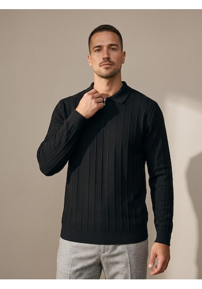 Maccali Erkek Siyah Fitil Detaylı Fermuarlı Polo Yaka Triko Sweatshirt