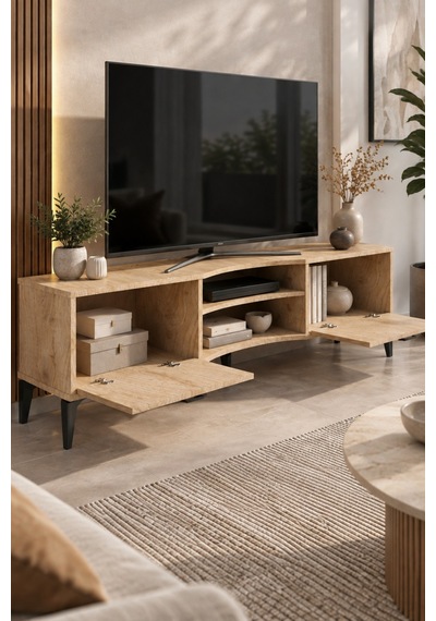 Sulorahome Bej Suntalam Tv Sehpası 160x35 Cm Sepet Desenli Ve Kapaklı