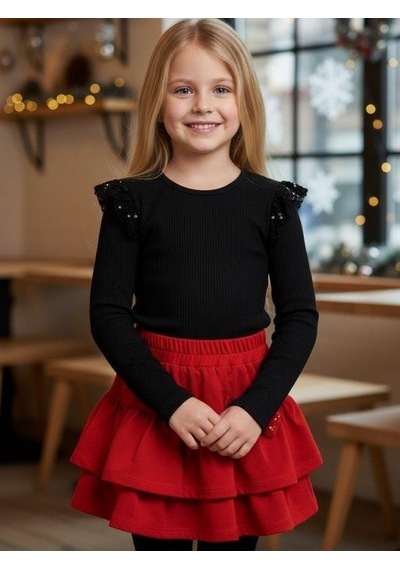 Zekids Kız Çocuk Pullu Body Kırmızı Katkat Etekli Takım-16439 Çok Renkli