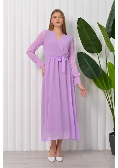 Neşeli Butik Kadın Bağlama Detaylı Uzun Şifon Elbise Kts003 - Lila Lila