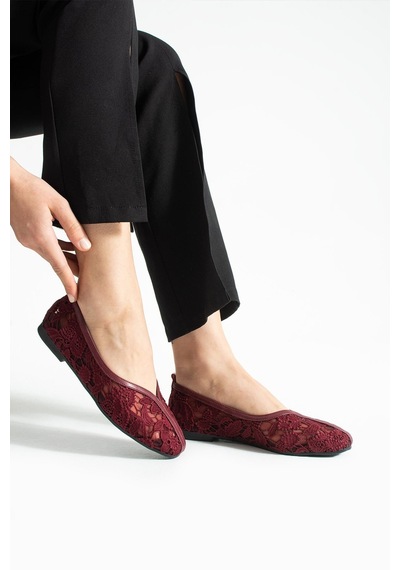 Dabab Shoes Florıa Dantel Kadın Bordo Düz Babet Dantel Dokuma Çiçek Desenli Zarif Günlük Ayakkabı
