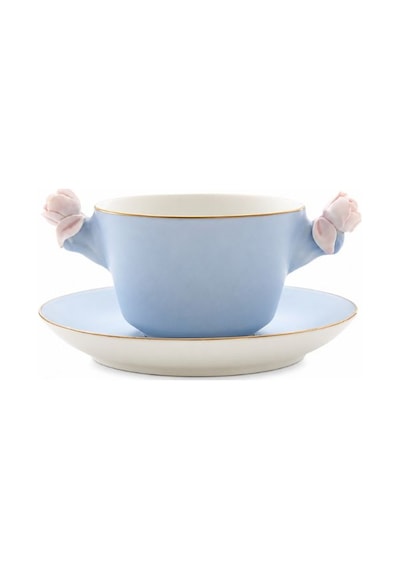 Villari Baby Blue-pink Çay Fincanı & Tabağı İtalyan El Yapımı Porselen, Lüks Koleksiyon Mavi