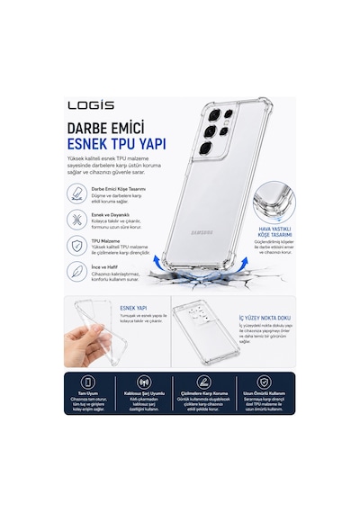 Logis Samsung Galaxy S21 Ultra Uyumlu Şeffaf Silikon Kılıf Kamera Korumalı Darbe Emici Esnek Tpu