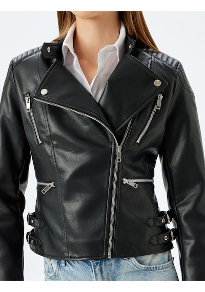 Koton Fermuarlı Cepli Kruvaze Suni Deri Biker Ceket Siyah 5sak20011ew