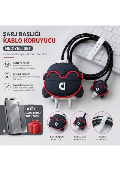 İphone 15 Plus Uyumlu Nano Ekran Koruyucu Hediyeli Şarj Başlığı & Kablo Koruyucu Koruma Seti Beyaz
