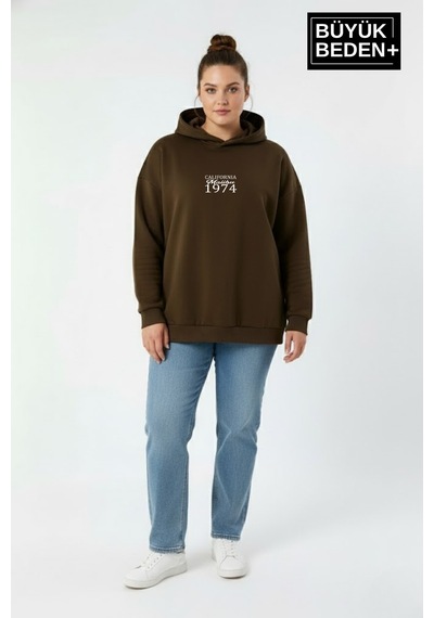 Süperlife Kadın Büyük Beden California 1974 Baskılı Kapüşonlu İnce Sweat Rahat Kalıp Hoodie Spr26bswk965 Kahverengi